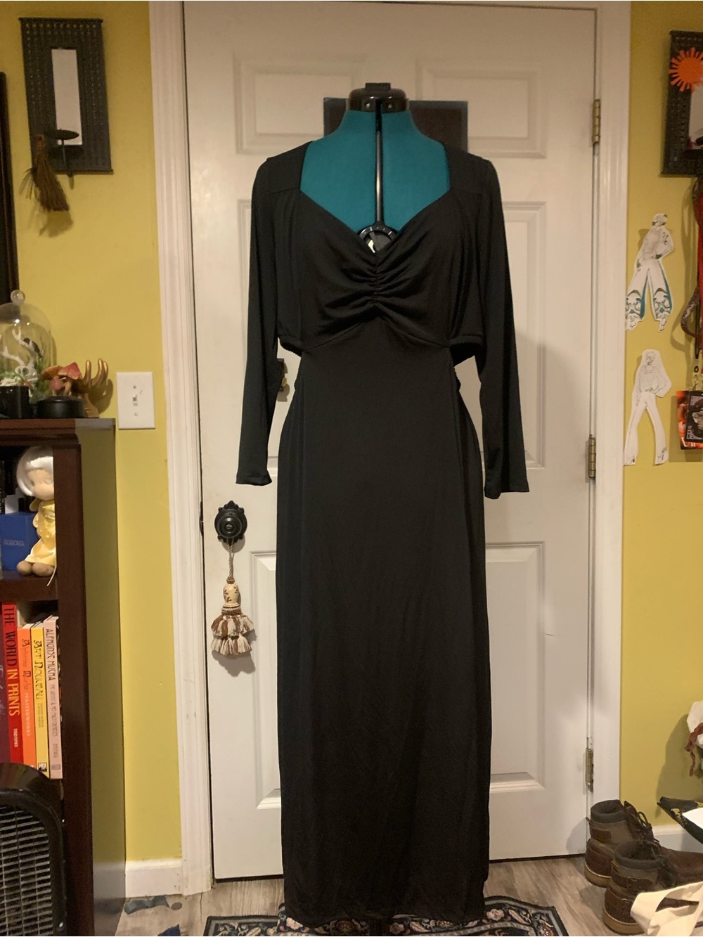 torrid Black Long Sleeve Maxi Dress with Ruched Bodice and Side Cutouts